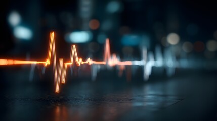 Vibrant Neon ECG Pulse on Reflective Dark Ground with Blurred City Lights.