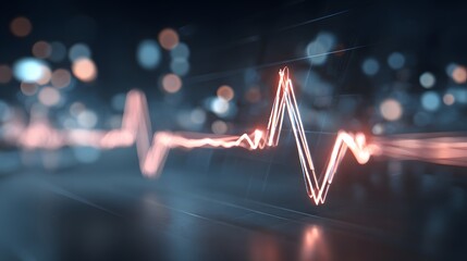 Luminous Heartbeat Pulse: A Glowing EKG Waveform on a Reflective Bokeh-Lit Surface.