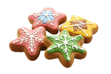 Obraz premium Four star shaped christmas cookies with colorful icing isolated on transparent background.