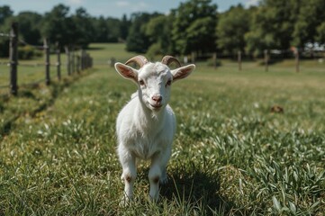 Obraz premium Albino goat grazing in a rural farm setting