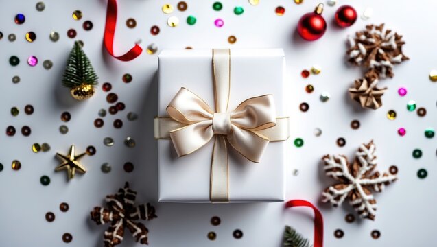 Charming white present box featuring a bow and sparkling sequins set against a white background, perfect for personalized messages