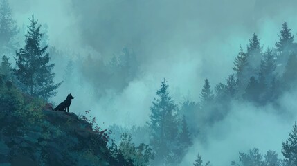 Fototapeta premium Dog on mountain top misty forest