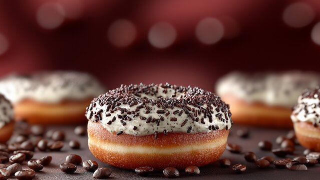Gourmet Donuts with White Frosting and Chocolate sprinkles, highlighting its inviting glaze and chocolate toppings. The coffee beans add a sense of flavor and warmth.
 - Powered by Adobe