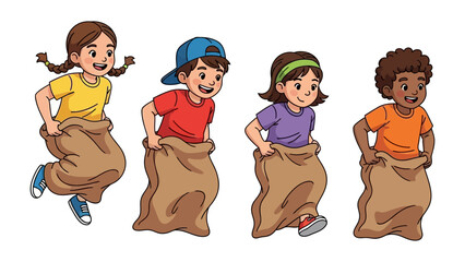 Sack Race Fun: Capture a moment of pure joy as a diverse group of children participate in a lively sack race, embodying youthful energy and the spirit of friendly competition. 