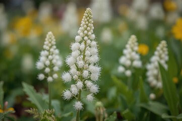 Fototapeta premium A soft, exquisite, uncommon white Astilbe flowering against a blurred floral garden backdrop, evoking summer and spring vibes with lush greenery and vibrant colors
