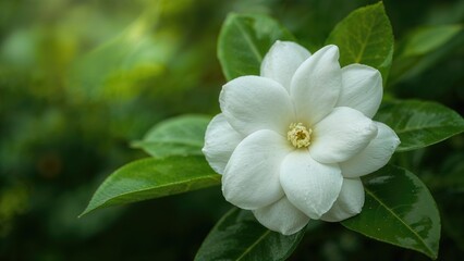 Obraz premium Bright white gardenia flower displayed on a green surface