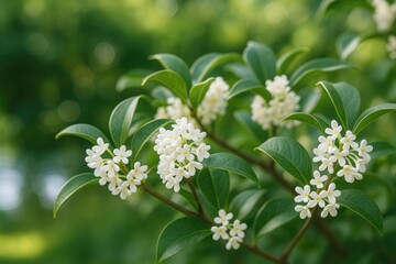 White-flowered Osmanthus fragrans blossoming on a tree in the garden