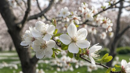Obraz premium White floral display emerging from a tree branch