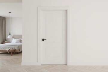 White front door leading to a minimalist luxury bedroom