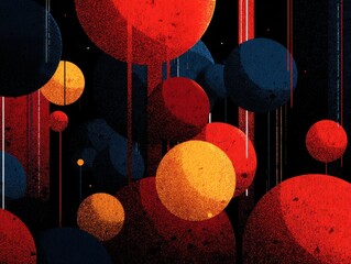 Abstract Spheres in Red Blue and Yellow with Vertical Lines on Black Background Graphic Design