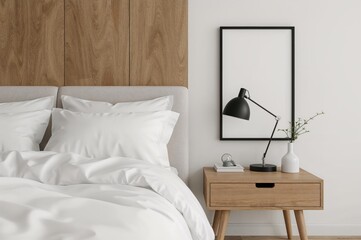 Modern bedroom setup with white elegant bedding, bedside table, and desk lamp against wooden panel wall featuring a poster mockup, 3D illustration