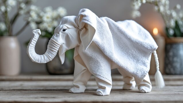Towel folding craft showcasing a white elephant figure