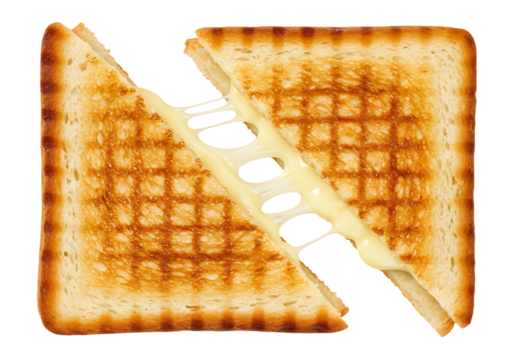 Delicious grilled cheese sandwich cut in half isolated on transparent background