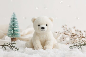 Adorable plush polar bear figure against a white backdrop