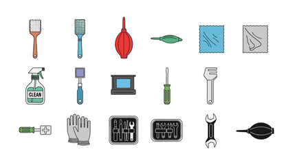 Essential Tool Kit: A collection of various tools displayed in a clean, organized arrangement, ideal for illustrating a toolbox or representing general equipment.