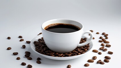 Fototapeta premium Plain white background featuring a white cup filled with black coffee