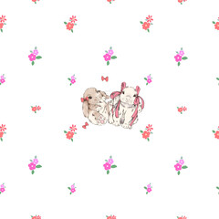 Two little bunnies on a small pink flower on a white background. A cute seamless pattern for banners, posters, wallpaper, and textiles.