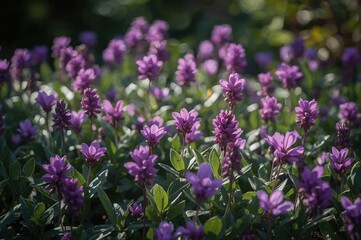Obraz premium Blurred Garden Scene Highlighting Ideal Lavender Blooms