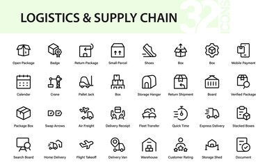 Professional logistics delivery chain line icon set. Modern simple vector illustrations with shipping, warehouse, trade, and storage graphics.