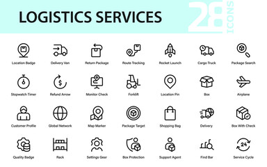 Supply chain and logistics line icon collection. Professional minimal vector set with delivery, global trade, warehouse, and shipment graphics.