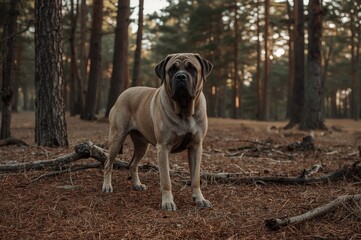 Large Spanish Dog Among Pine Trees