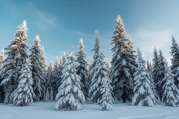 Pine and conifer trees blanketed in snow under a vibrant icy blue sky during winter frost