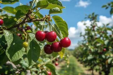 Obraz premium Tart cherries hanging on branches with foliage during picking season in an orchard