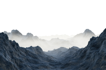 Dramatic dark mountain peaks rising through ethereal mist isolated on transparent background. Dark mountains with foggy valley isolated on white background.