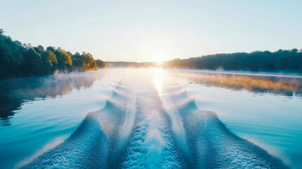 Vibrant sunrise illuminating boat's wake on misty, tranquil river, with golden light reflecting on water and lush green trees along banks
