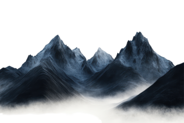 Dramatic dark mountain peaks rising through ethereal mist isolated on transparent background. Dark mountains with foggy valley isolated on white background.