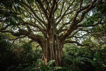 Fototapeta premium Tropical woodland scene with lush greenery and sunlight