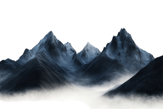 Dramatic dark mountain peaks rising through ethereal mist isolated on transparent background. Dark mountains with foggy valley isolated on white background.