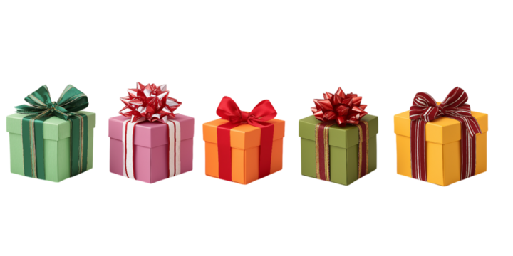 Assortment of colorful gift boxes with festive bows isolated on a transparent background