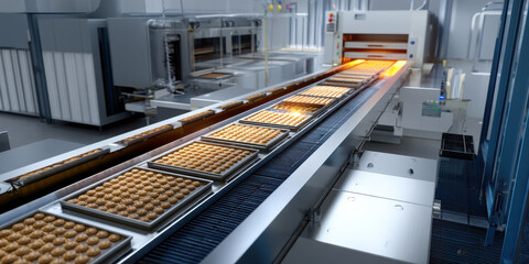 Obraz premium Automated baking line with trays of cookies moving through industrial oven in clean factory environment