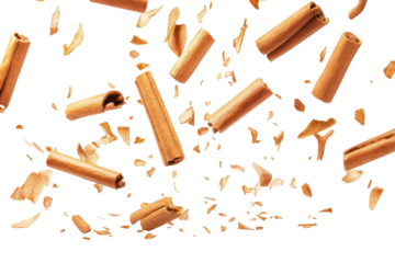 Cinnamon sticks and pieces exploding and flying isolated on transparent background. Falling cinnamon sticks isolated on white background.