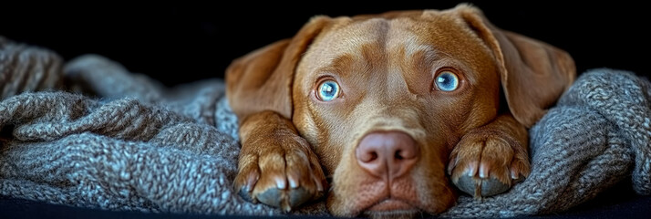 Close-up of adorable brown dog with captivating bright blue eyes, snuggled cozily under soft, chunky grey knitted blanket against dark background, showcasing warmth and comfort