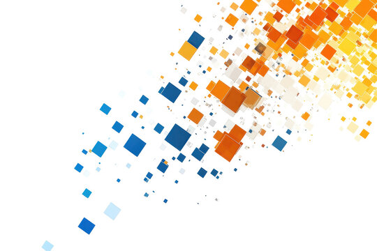 Abstract explosion of blue and orange squares isolated on transparent background. Falling orange blue pixel squares isolated on white background.