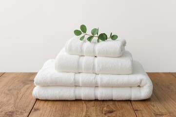 Arrangement of spa essentials on a wooden surface with three plush white towels and eucalyptus sprig. Empty space available.
