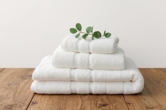 Arrangement of spa essentials on a wooden surface with three plush white towels and eucalyptus sprig. Empty space available.