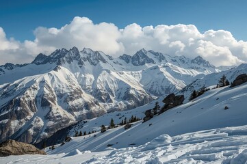 Snow-covered peaks beneath a clear blue sky with fluffy white clouds. Autumn arrives in the highlands, dusted with fresh snow. Massive rocks scattered across the hillsides.