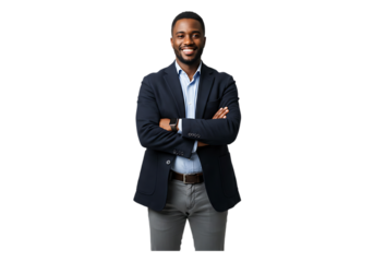 Smiling black man in blazer arms crossed isolated on transparent background