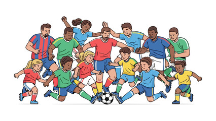Soccer Match Illustration: Energetic illustration capturing the spirit of a soccer match, with players of all ages and backgrounds intensely focused on the ball. © azizunnahar
