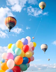 Obraz premium Colorful balloons ascend into a blue sky, with hot air balloons floating in the background, creating a whimsical and dreamy scene of celebration and freedom.