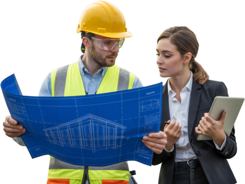 Construction Professionals Reviewing Blueprint Plans On Site