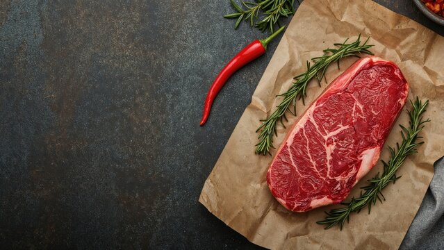 Top-down view of fresh raw steak on rustic paper placed on a dark wood table, featuring a knife, rosemary sprigs, and chili peppers. Ingredients for cooking and meat preparation concept.