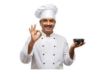 Indian chef shows ok gesture holding small bowl isolated on transparent background