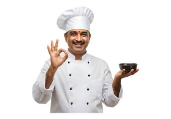 Indian chef shows ok gesture holding small bowl isolated on transparent background
