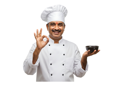 Indian chef shows ok gesture holding small bowl isolated on transparent background