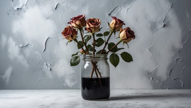 Wilted floral arrangement placed in a container on a light-colored, textured surface with black highlights