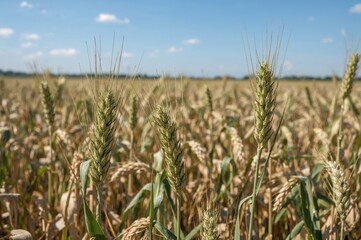 Close-up view of a flourishing wheat crop with mature stalks in an extensive agricultural area under clear summer skies